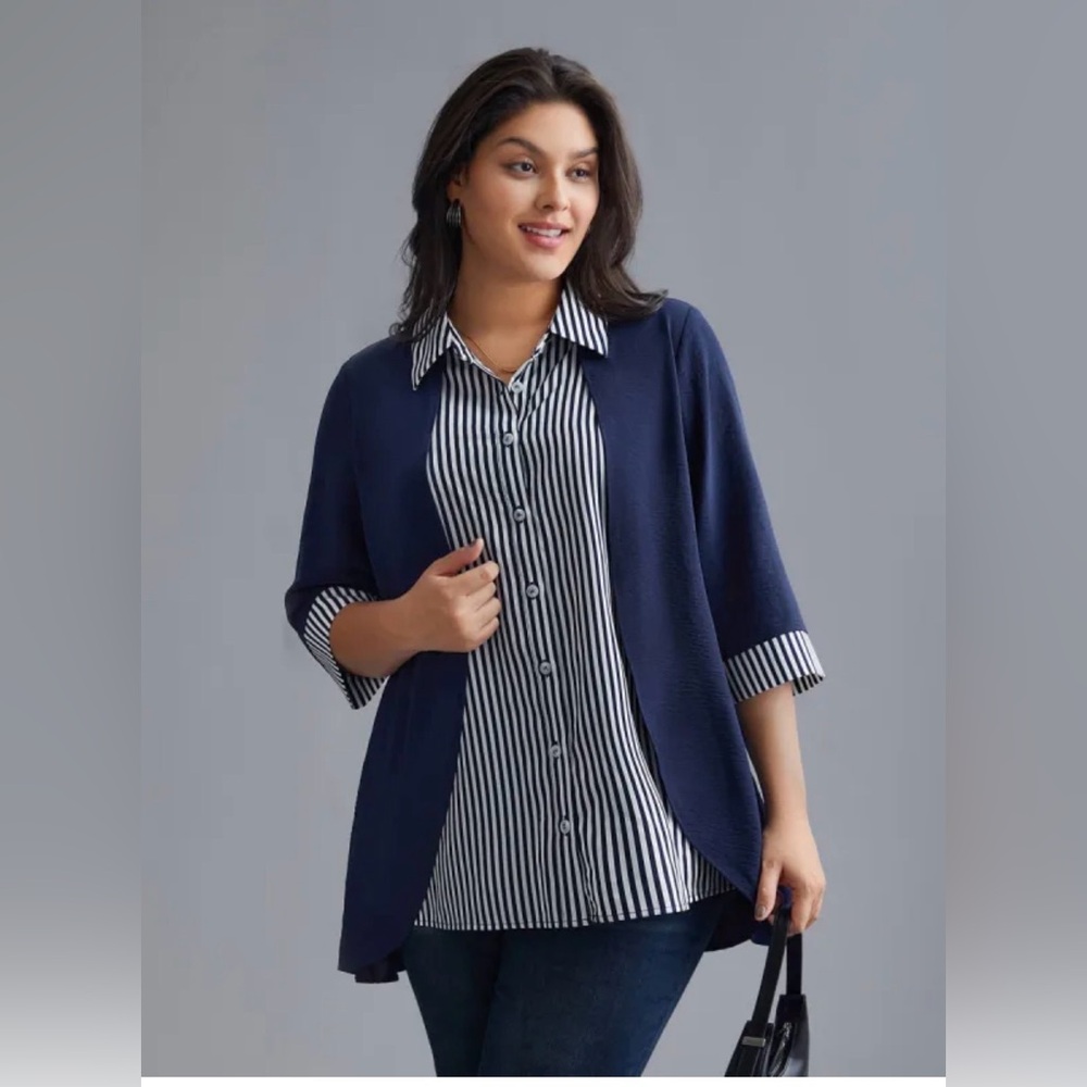 NWT Bloomchic Shirt Collar Patchwork Striped Blouse Size US-18-20